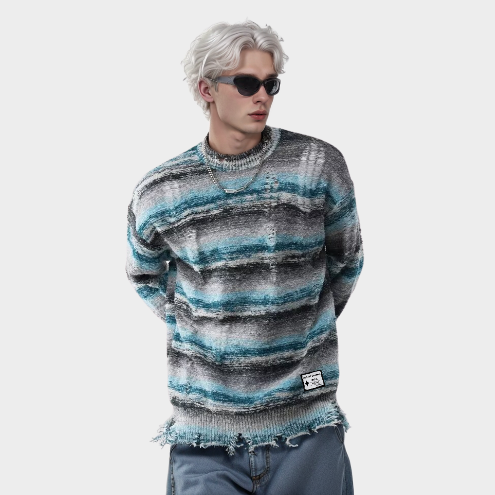 OOC' Retro Gradient Striped Ripped Knitted Sweater