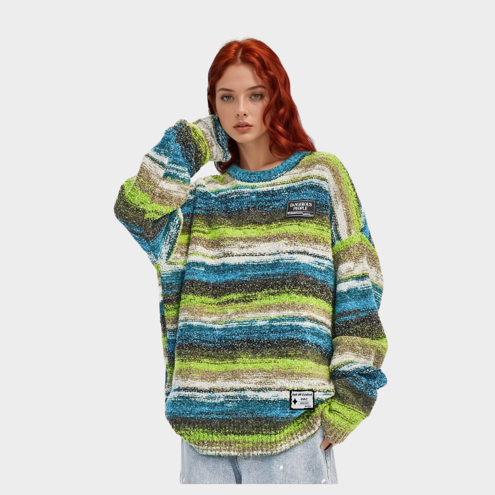 OOC' Retro Colorful Striped Contrast Crew Neck Knitted Sweater