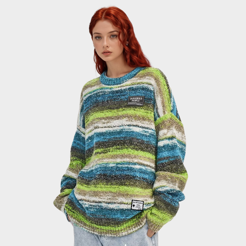 OOC' Retro Colorful Striped Contrast Crew Neck Knitted Sweater