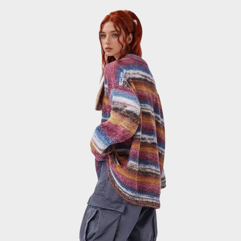 OOC' Retro Colorful Striped Contrast Crew Neck Knitted Sweater