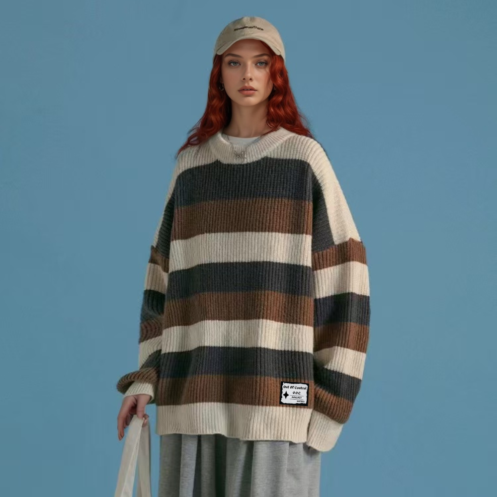 OOC' Retro Three-Color Patchwork Striped Knitted Sweater