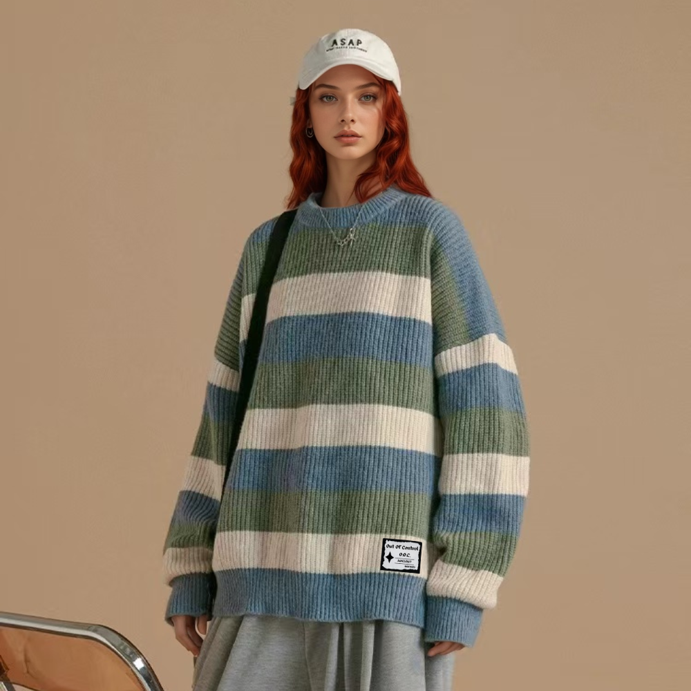 OOC' Retro Three-Color Patchwork Striped Knitted Sweater