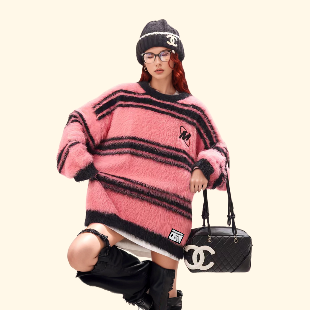 OOC' Retro Lazy Style Mink Striped Sweater