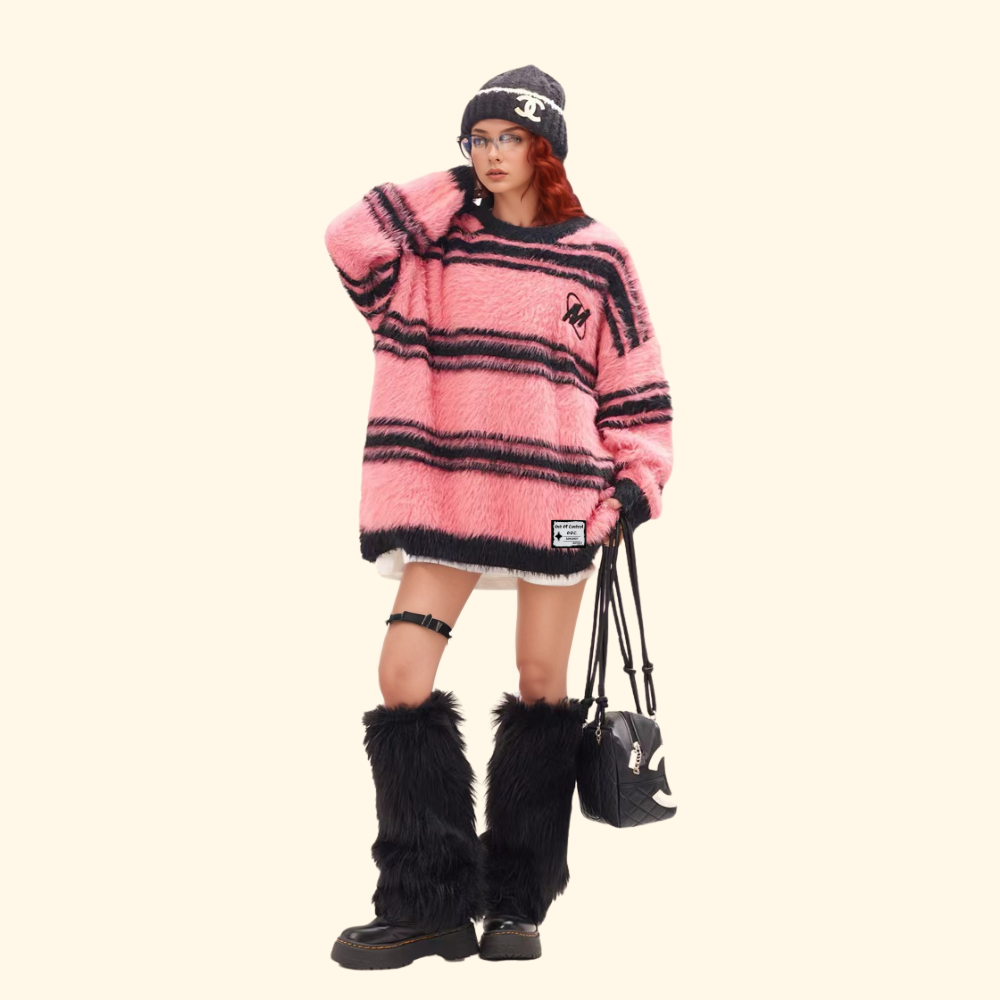 OOC' Retro Lazy Style Mink Striped Sweater