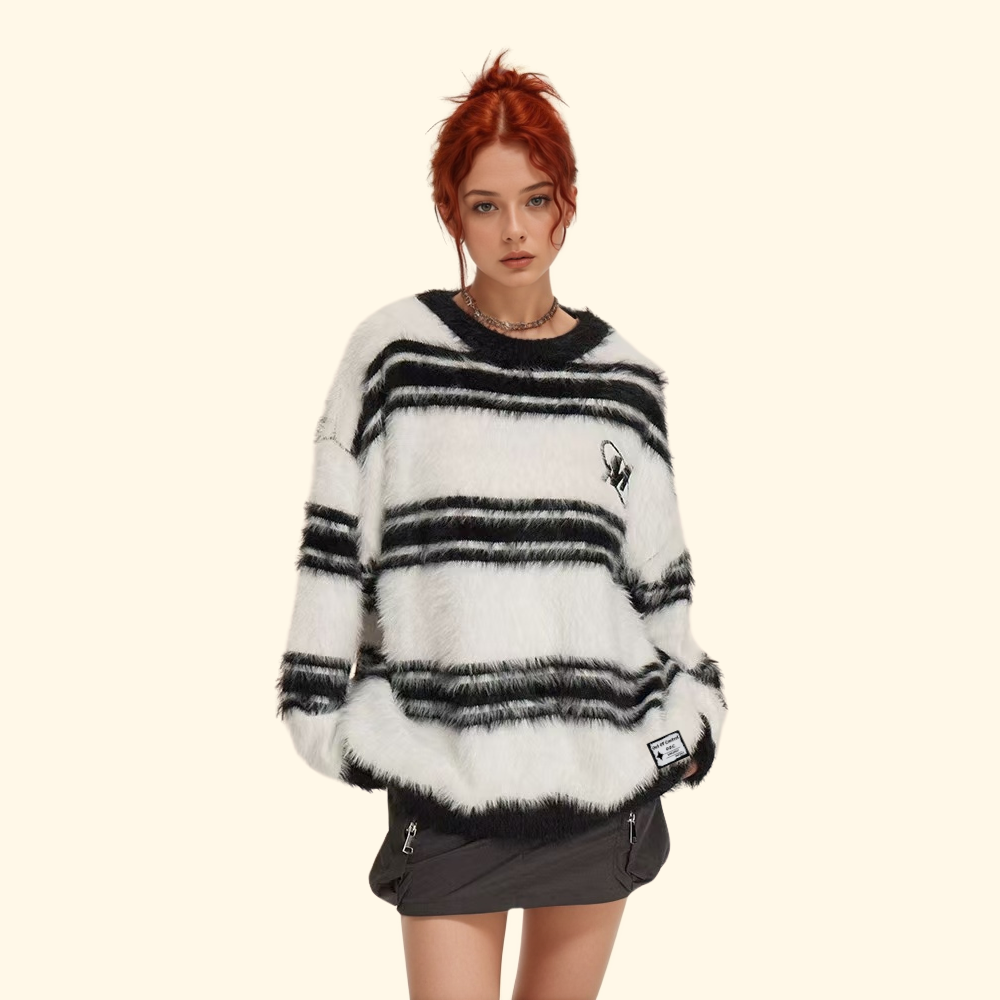 OOC' Retro Lazy Style Mink Striped Sweater