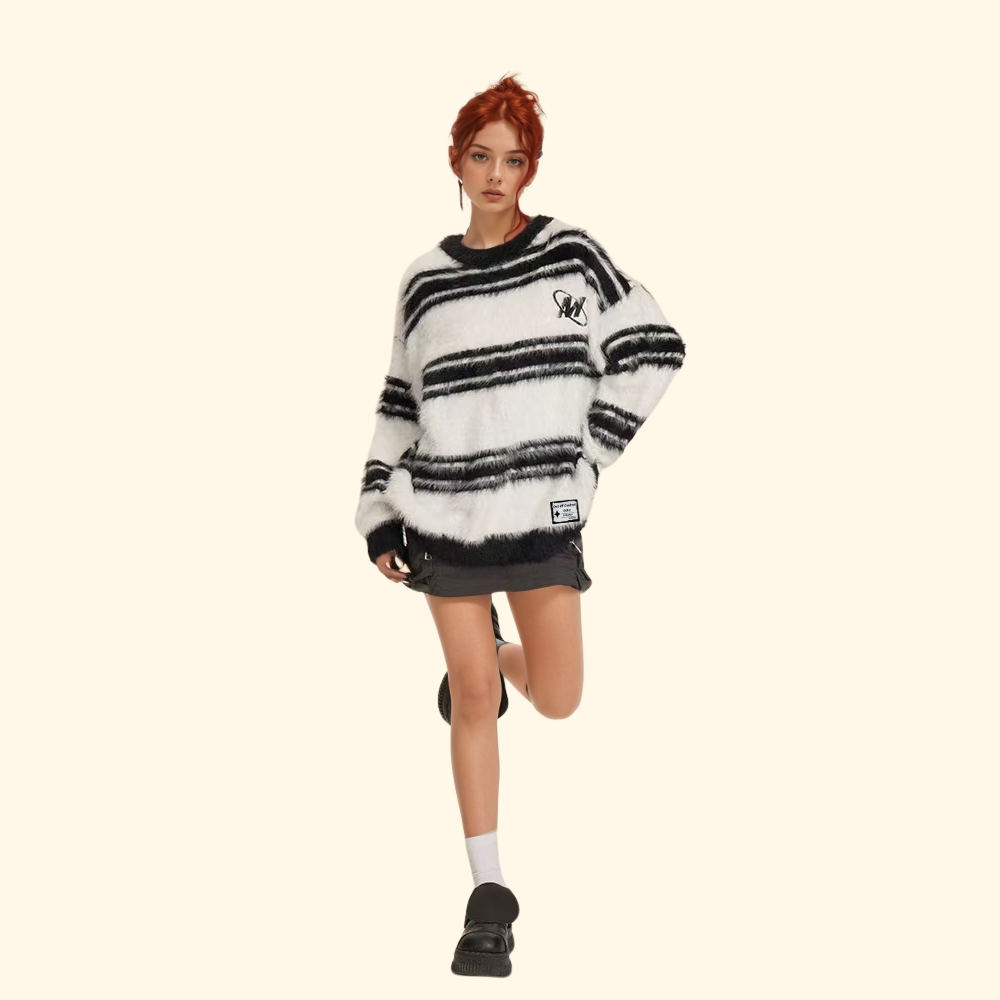 OOC' Retro Lazy Style Mink Striped Sweater