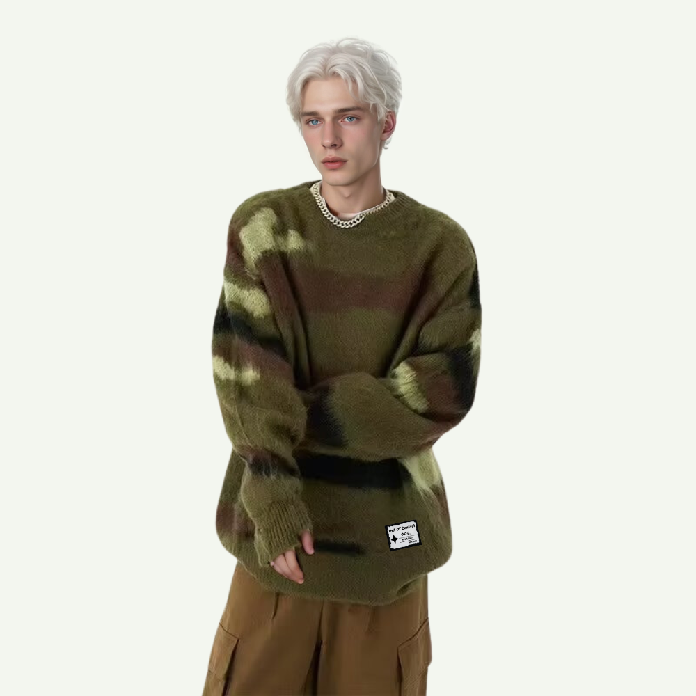 OOC' Retro Camouflage Irregular Striped Ripped Knitted Sweater