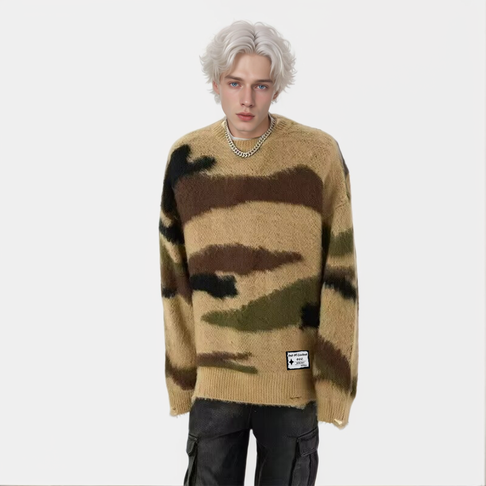 OOC' Retro Camouflage Irregular Striped Ripped Knitted Sweater