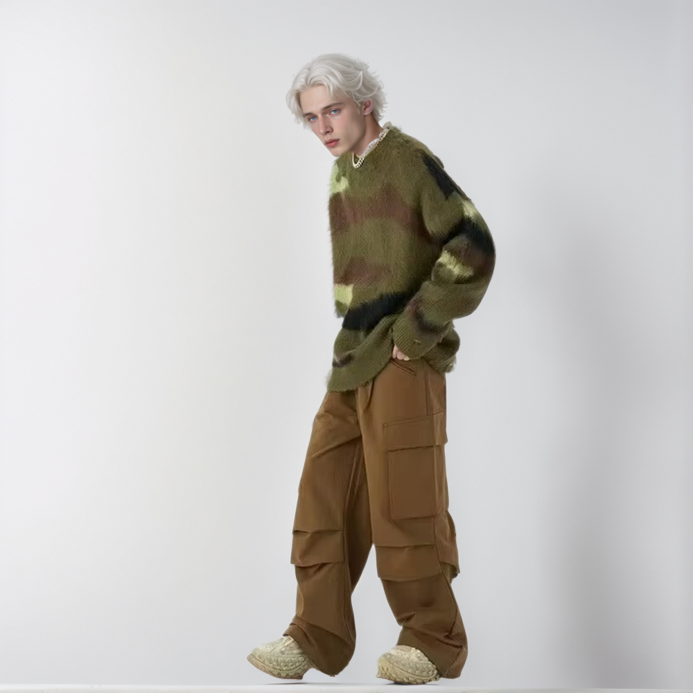 OOC' Retro Camouflage Irregular Striped Ripped Knitted Sweater