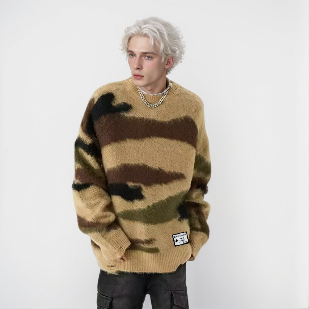 OOC' Retro Camouflage Irregular Striped Ripped Knitted Sweater