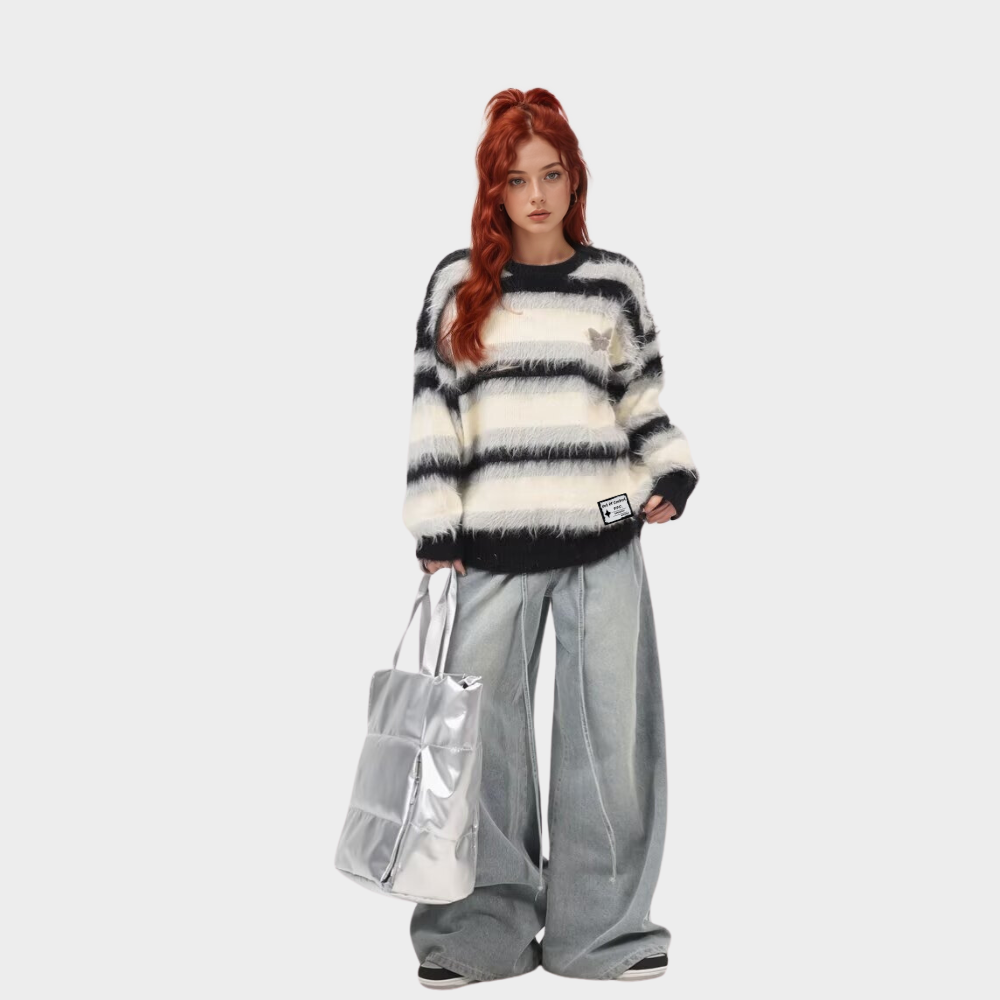 OOC' Faux Mink Butterfly Striped Crew Neck Sweater