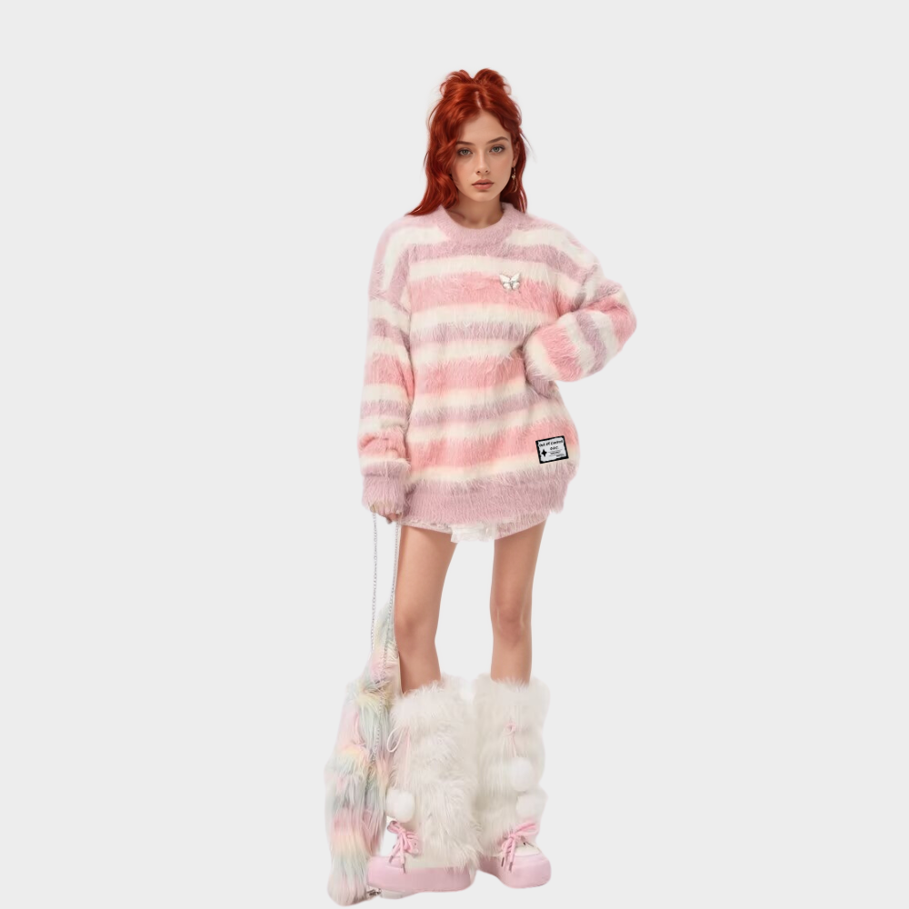 OOC' Faux Mink Butterfly Striped Crew Neck Sweater
