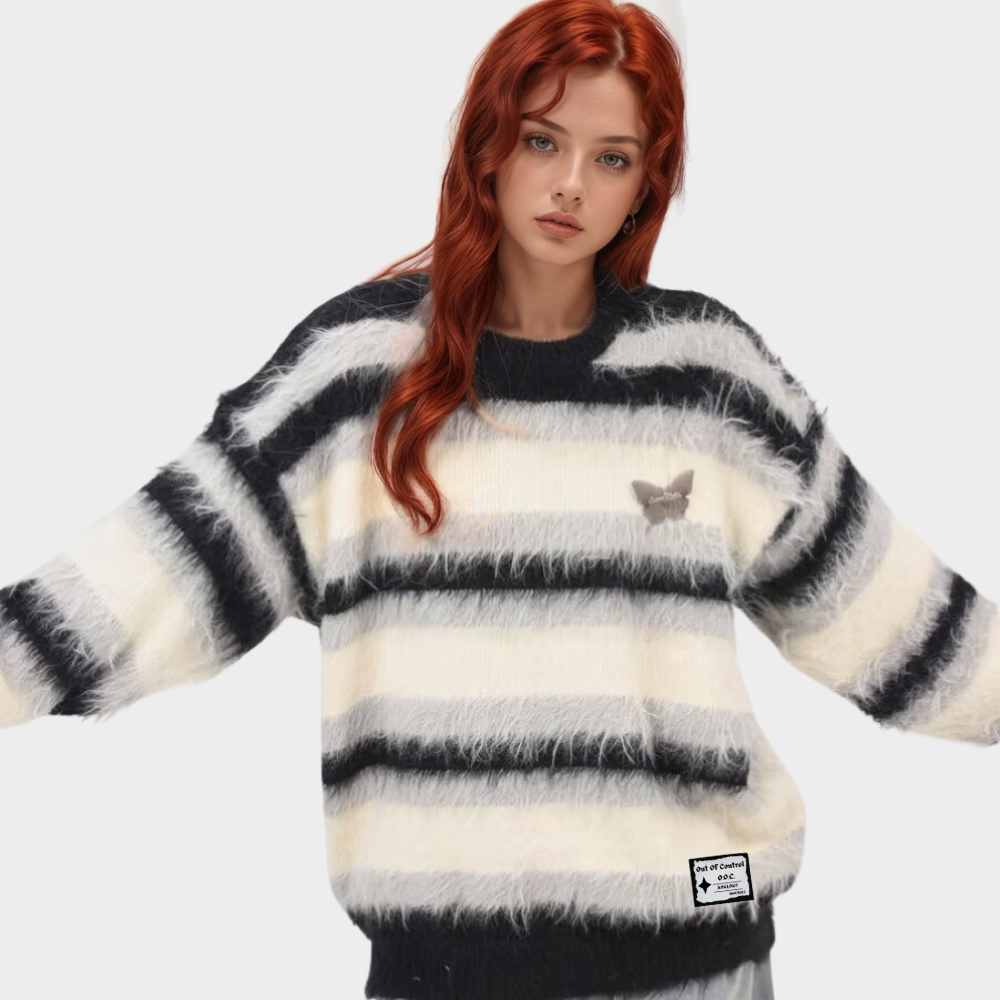 OOC' Faux Mink Butterfly Striped Crew Neck Sweater