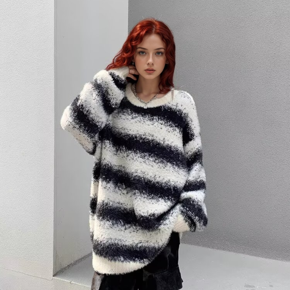 OOC' Retro Two-Color Stitching Ink-Splatter Striped Knitted Sweater