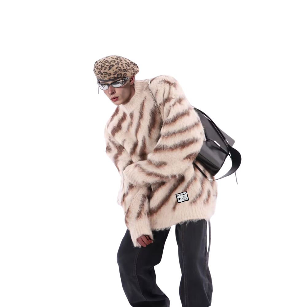 OOC' Irregular Contrast Zebra Striped Loose Knitted Sweater