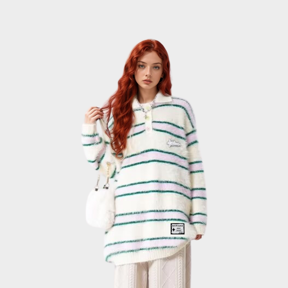 OOC' Vintage Loose Mink Polo Collar Striped Sweater