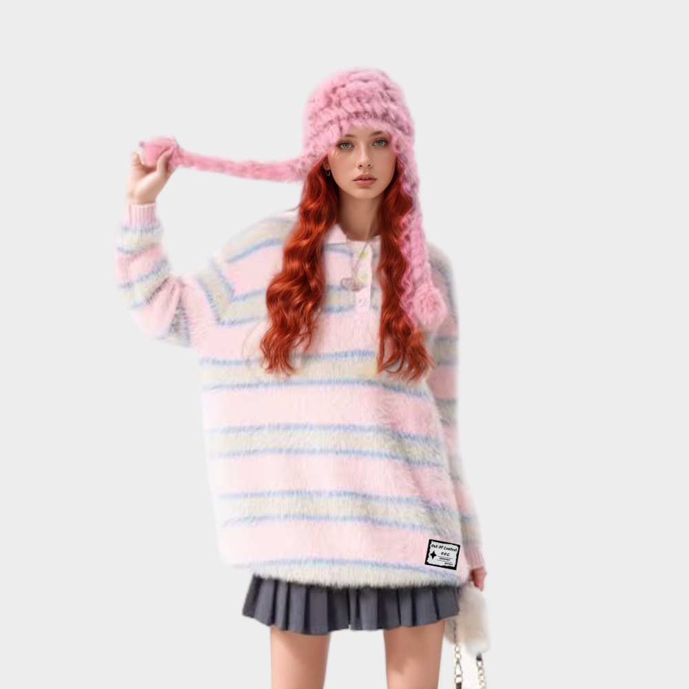 OOC' Vintage Loose Mink Polo Collar Striped Sweater