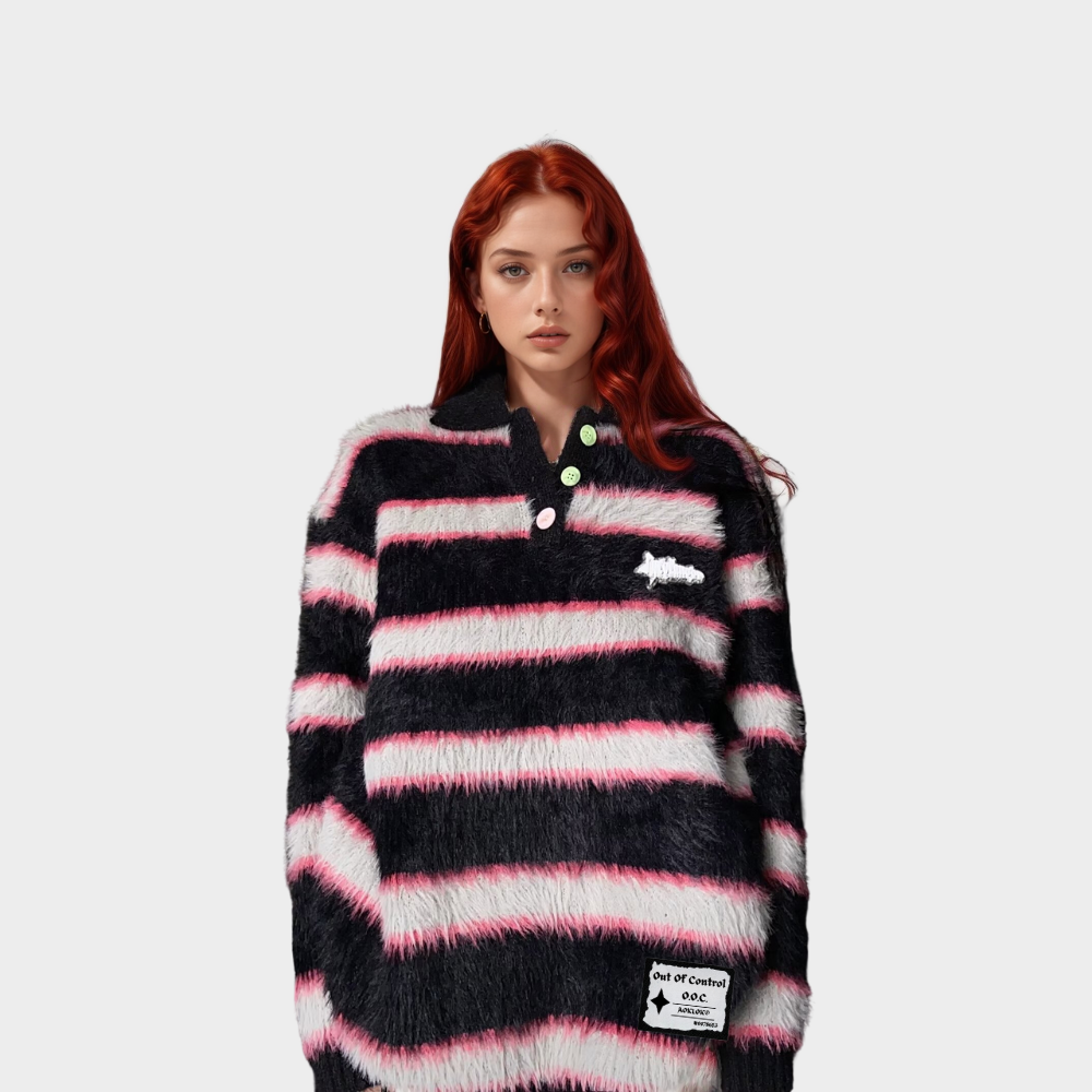 OOC' Vintage Loose Mink Polo Collar Striped Sweater