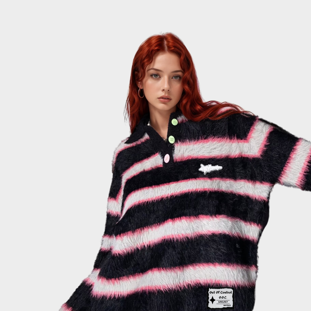 OOC' Vintage Loose Mink Polo Collar Striped Sweater