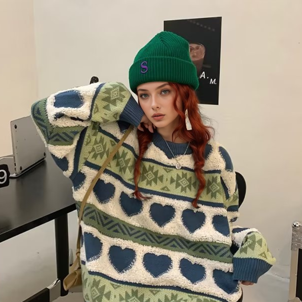 ⚡OOC' Retro Heart Jacquard Striped Knitted Sweater