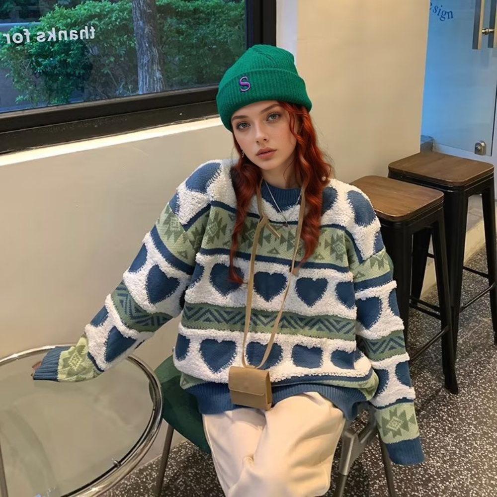 ⚡OOC' Retro Heart Jacquard Striped Knitted Sweater