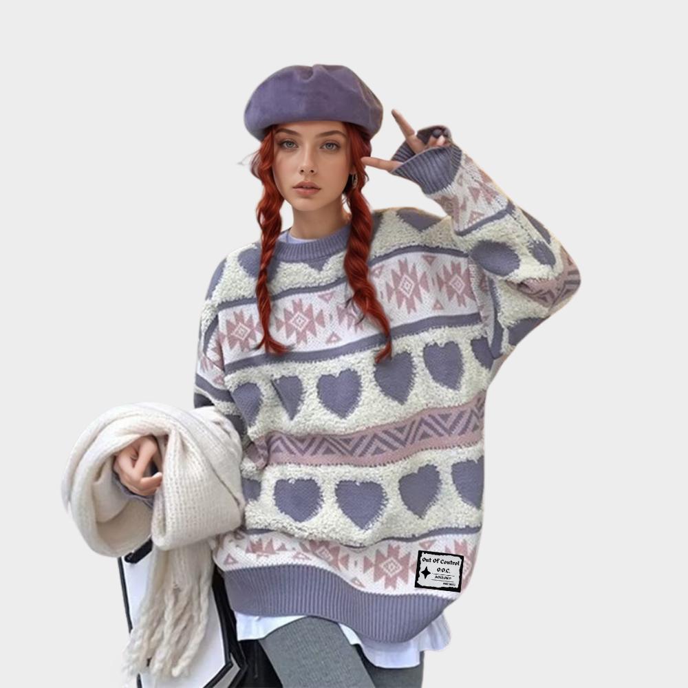 ⚡OOC' Retro Heart Jacquard Striped Knitted Sweater