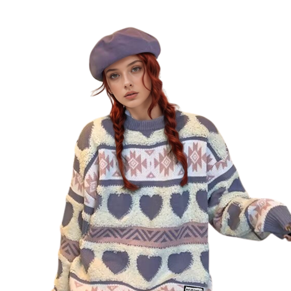 ⚡OOC' Retro Heart Jacquard Striped Knitted Sweater