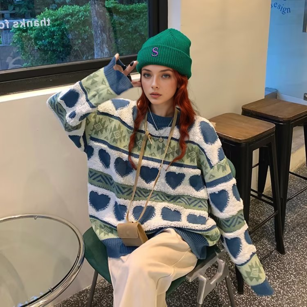 ⚡OOC' Retro Heart Jacquard Striped Knitted Sweater