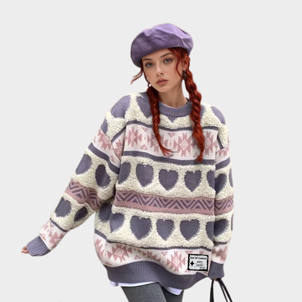 ⚡OOC' Retro Heart Jacquard Striped Knitted Sweater