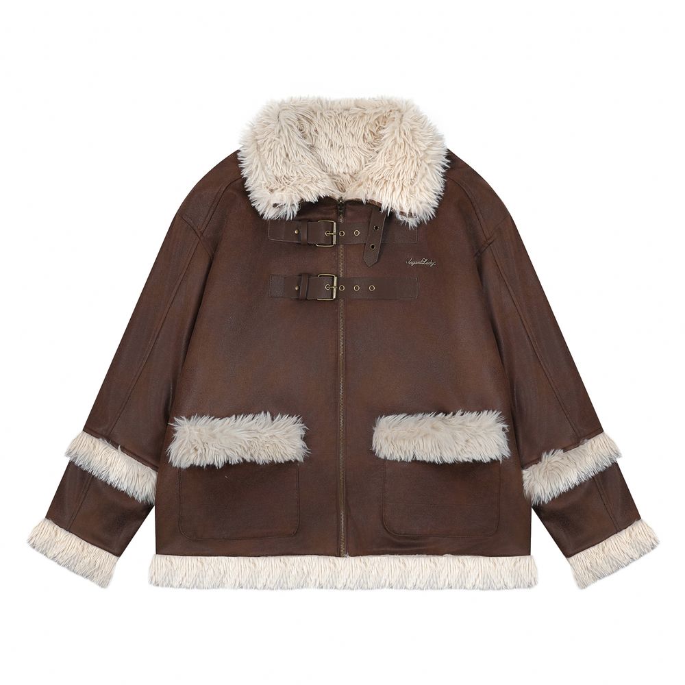 【NOW TREND】Leather Button Zip Fur Collar Coat