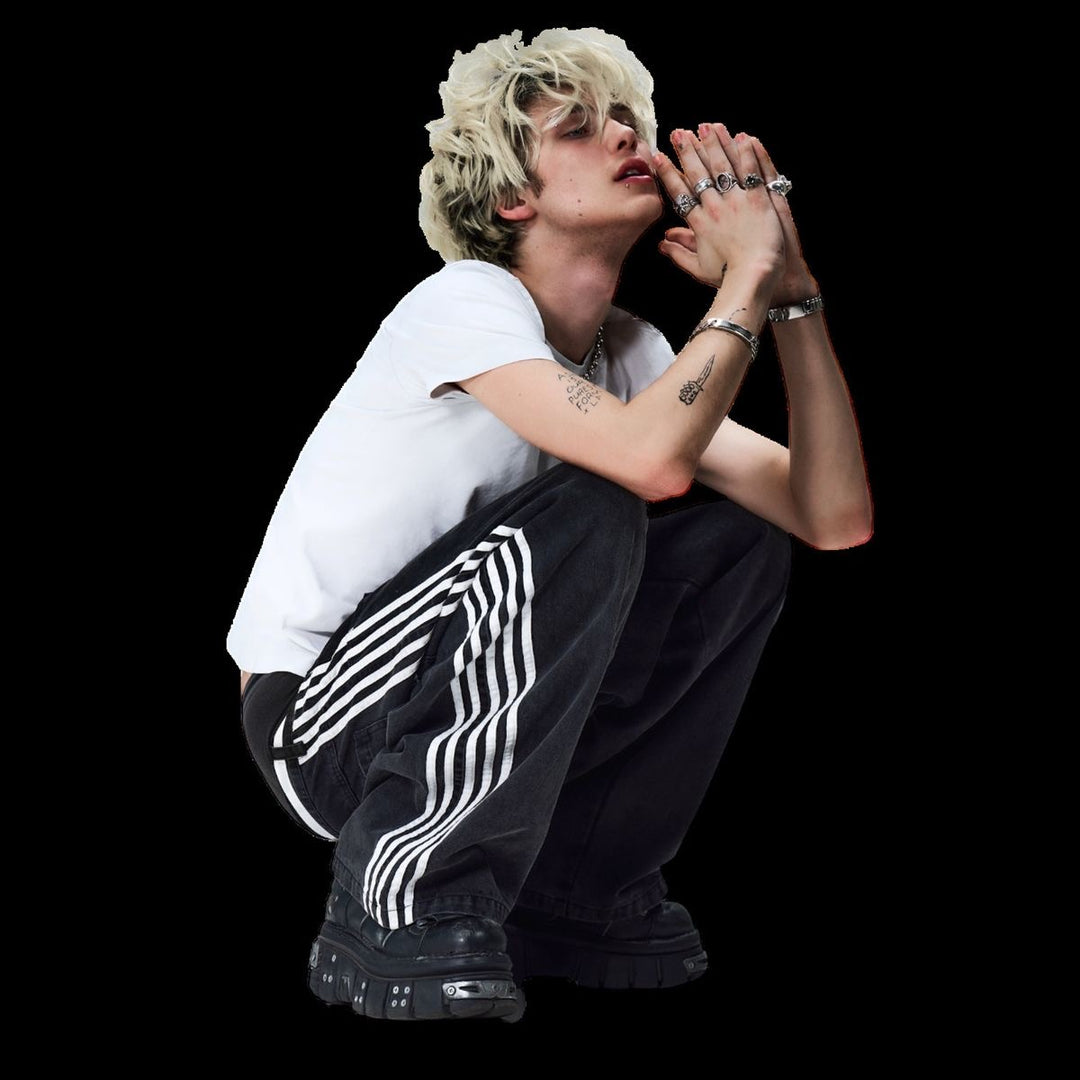 Unseen Echoes “Triple Line” Wide-Leg Denim — Black Striped Jeans