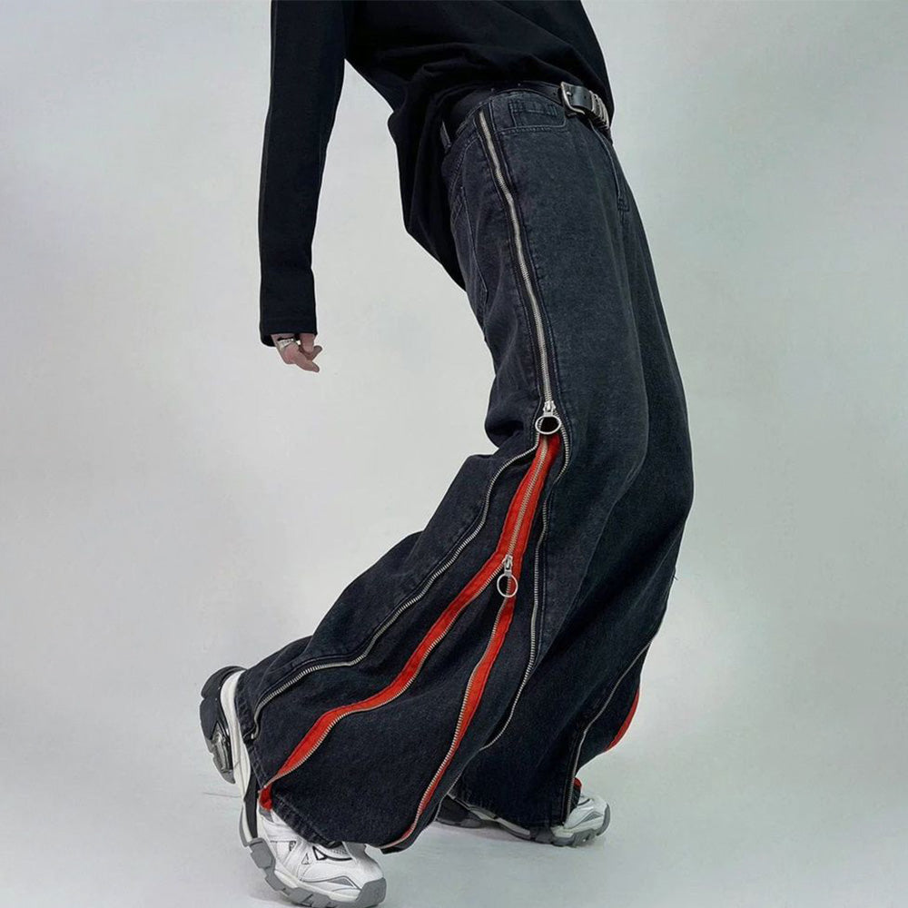 Simple Side Double Zipper Panel Jeans