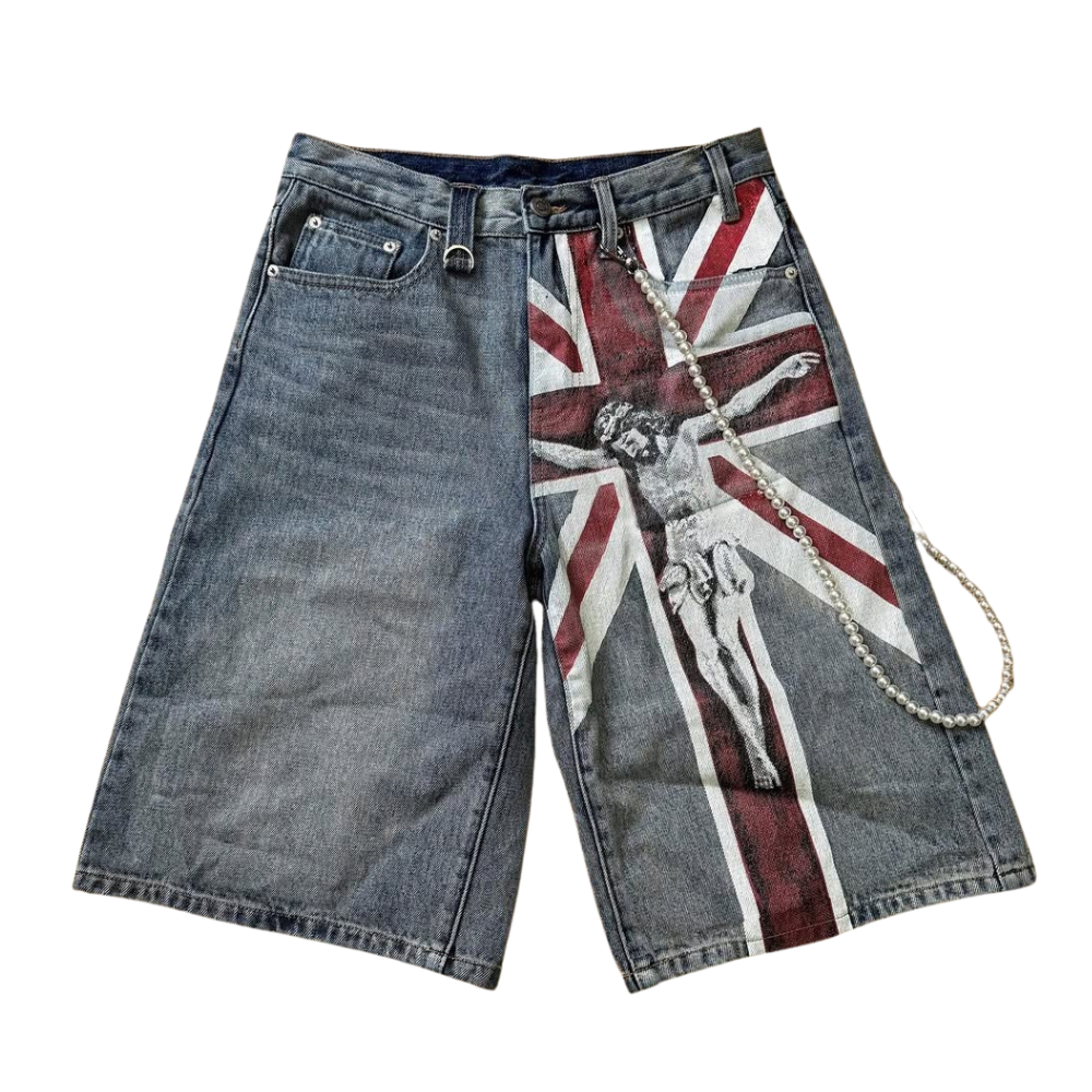 ART IN WAR Crownless Icons – Crucifix Denim Shorts