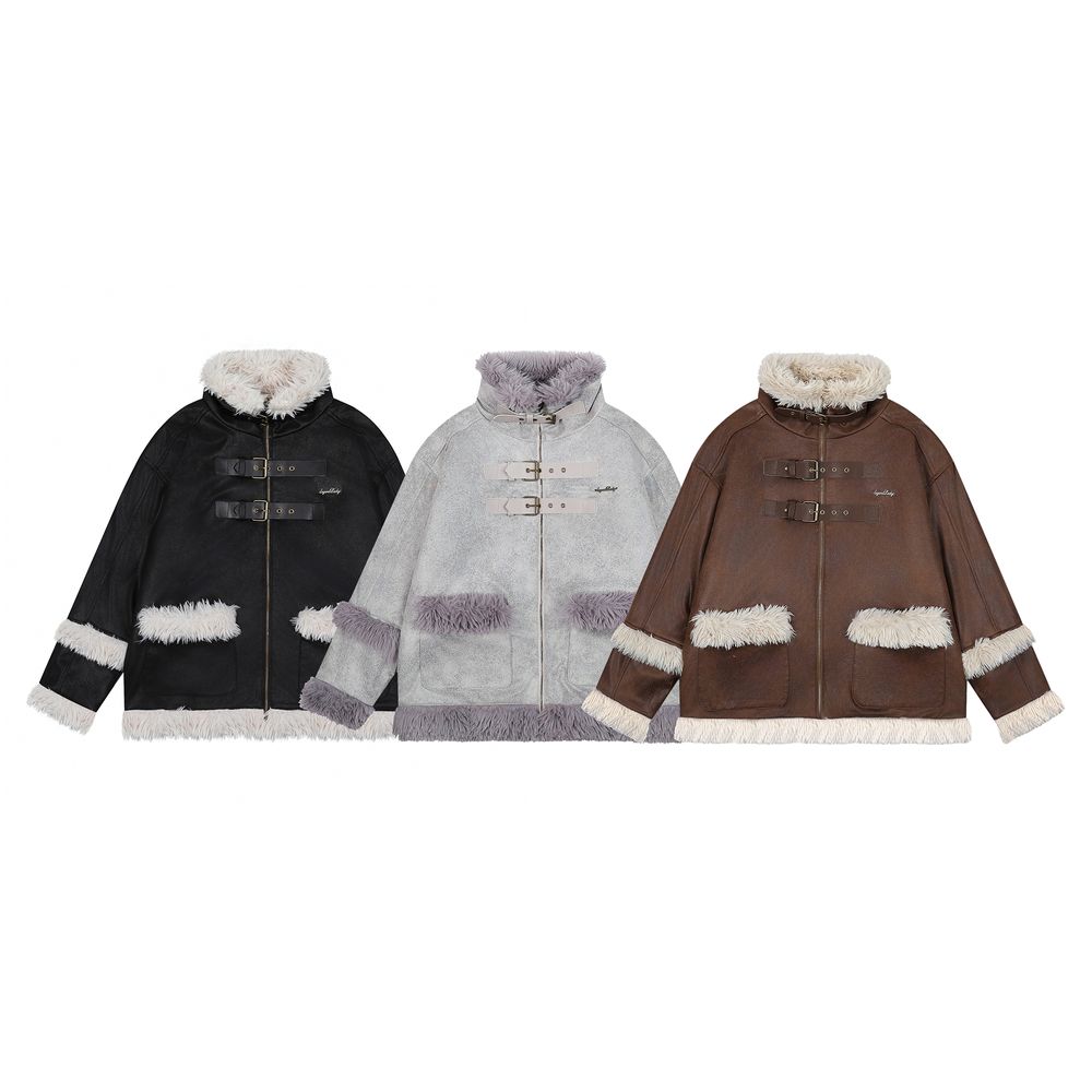 【NOW TREND】Leather Button Zip Fur Collar Coat