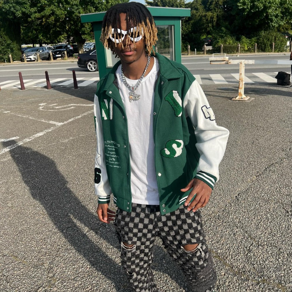 Street Skeleton Embroidery Varsity Jacket