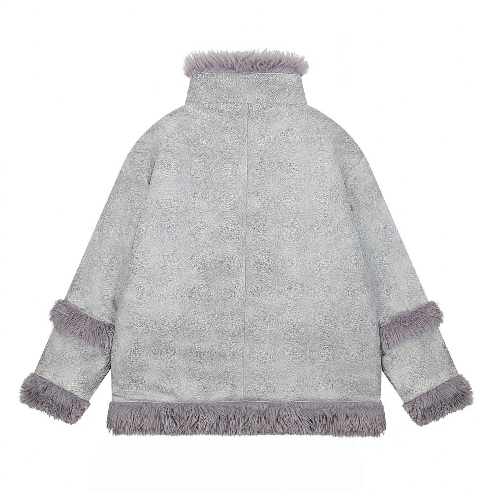 【NOW TREND】Leather Button Zip Fur Collar Coat