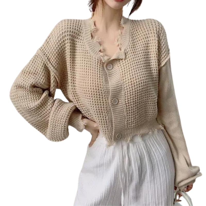 Women Ripped Cropped Knit Cardigan