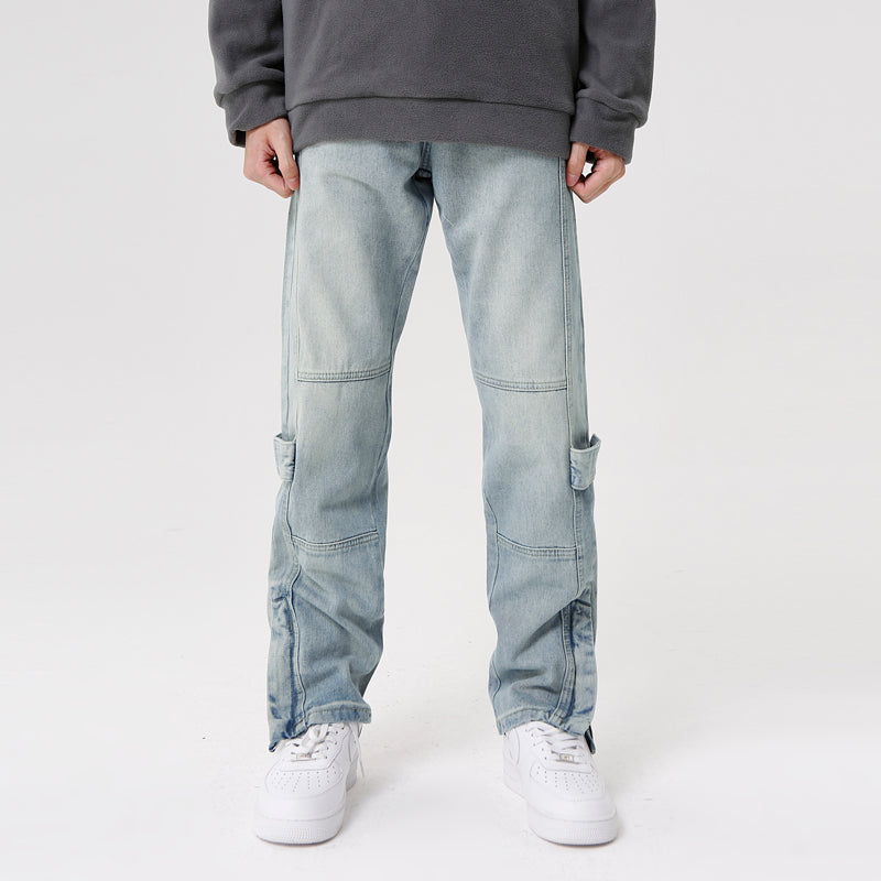Solid Color Zip Regular Washed Jeans