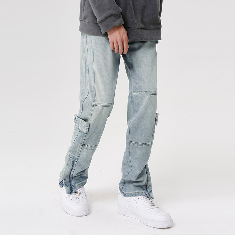 Solid Color Zip Regular Washed Jeans