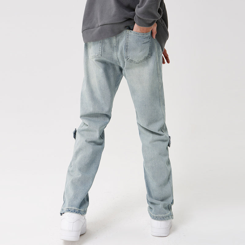 Solid Color Zip Regular Washed Jeans