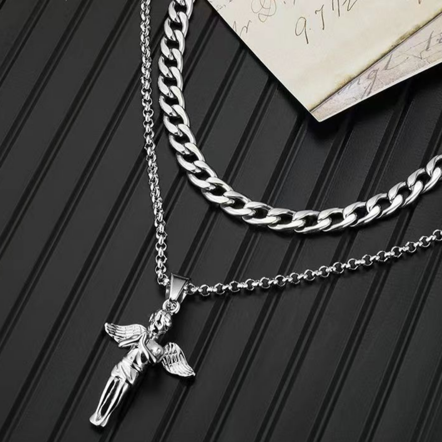 Hip Hop Angel Pendant Double Wave Necklace
