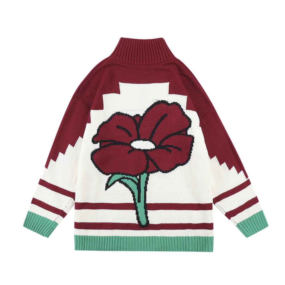 Double-ended Zipper Red Flower Sweater