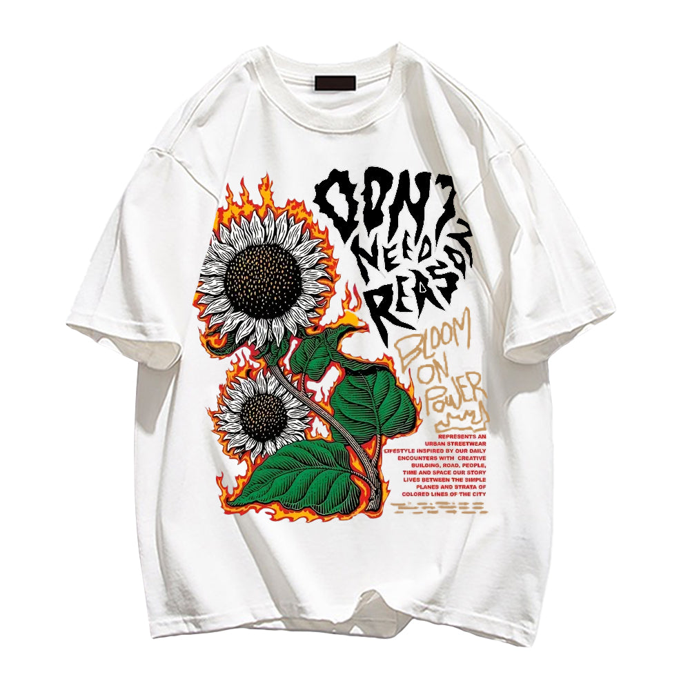 【Subscription】 Burning Sunflower And Slogan Print Trendy T-shirt