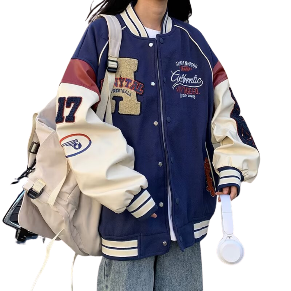 Flocked Jacquard Contrast Varsity Jacket