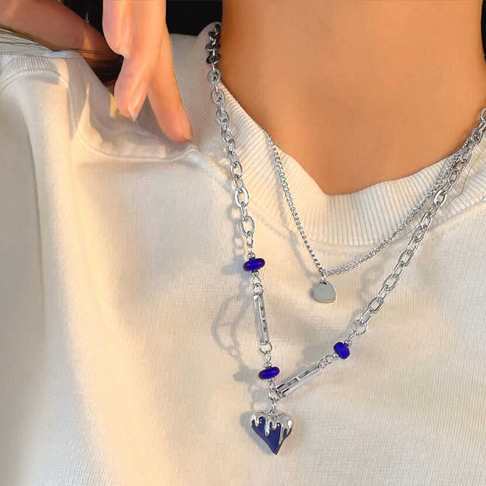 Hip Hop Klein Blue Love Double-layered Necklace