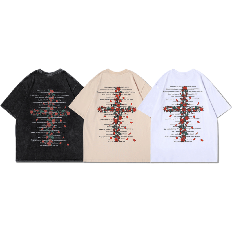Vintage Cross Rose Print T-shirt