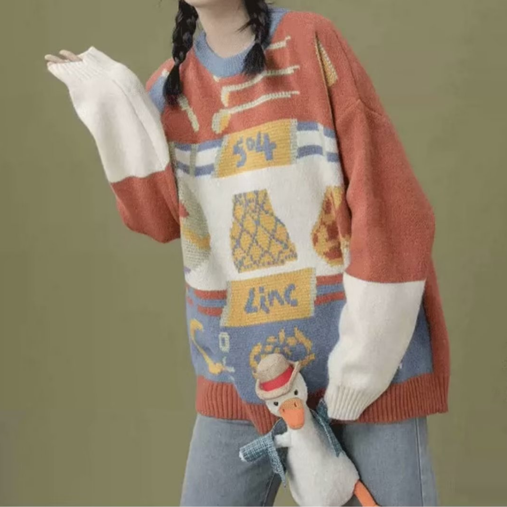 Women's Cute Contrast Pattern Sweater