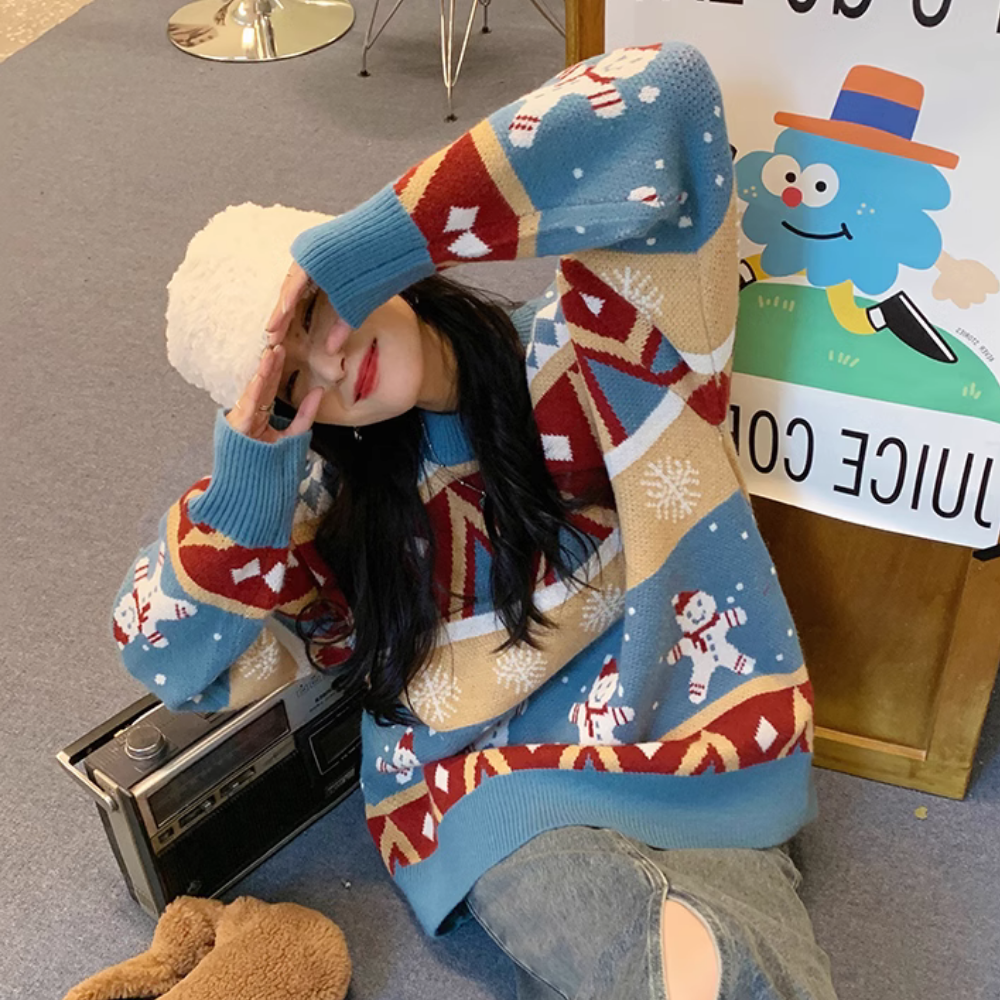 Women's Fun Contrast Color Snowman Sweater