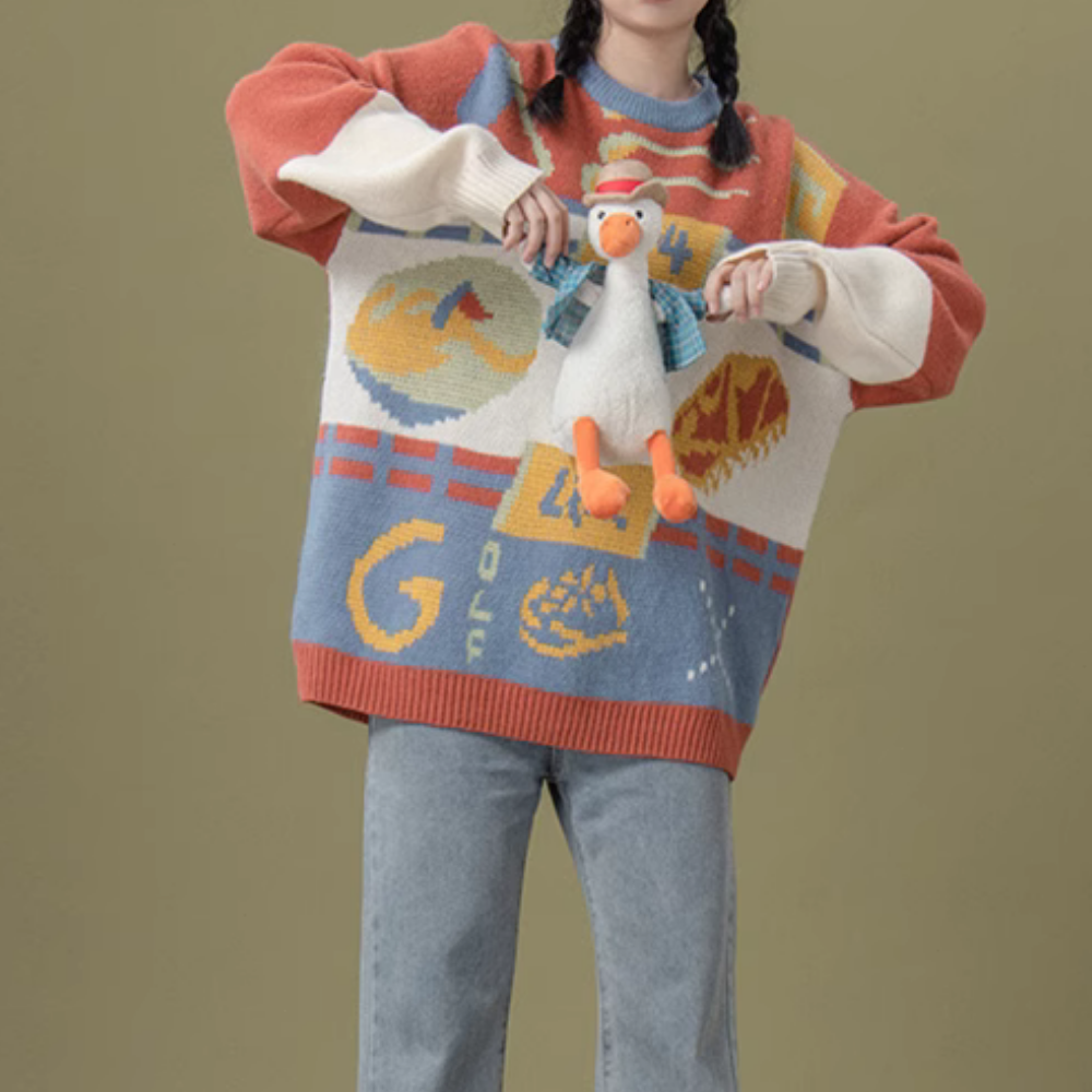 Women's Cute Contrast Pattern Sweater