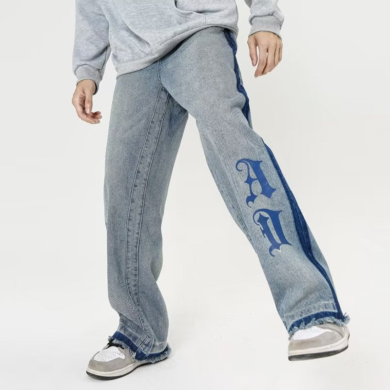 Vintage Letter Embroidery Straight Leg Jeans